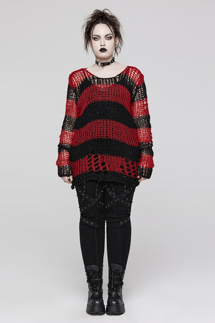 Gothic Striped Sweater - Ripped, Irregular Hem, 4 Shades