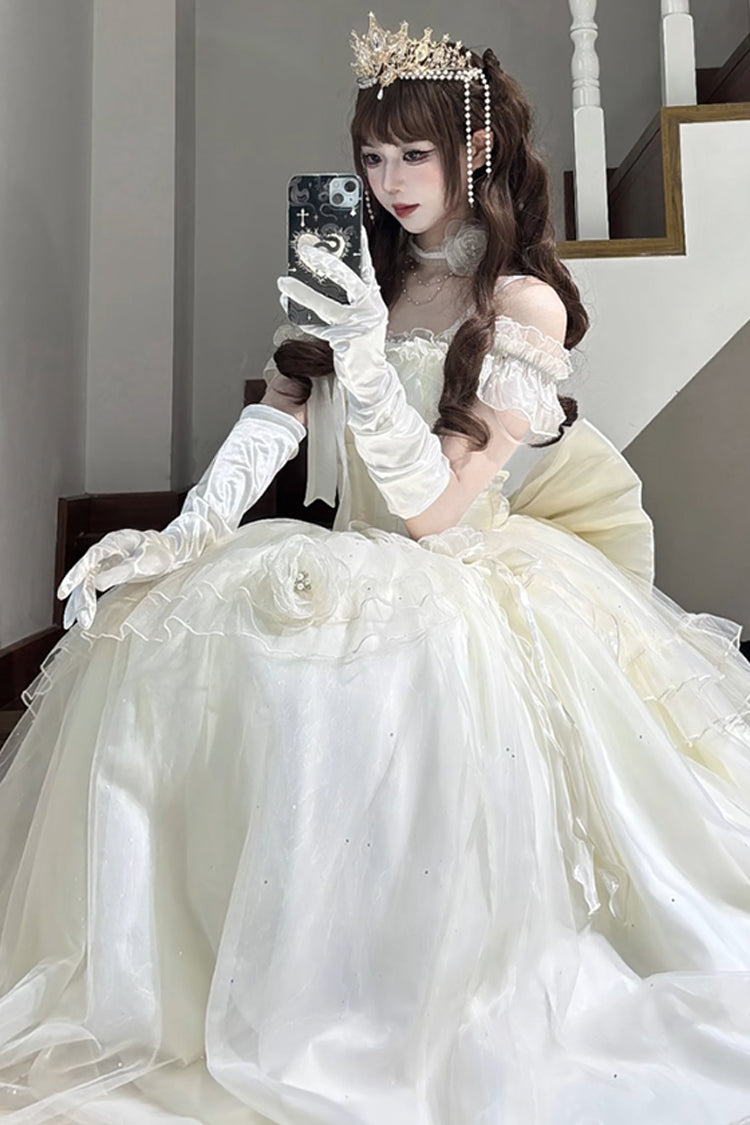 Elegant Apricot Off-Shoulder Ruffle Bow Asymmetric Princess Lolita Gown