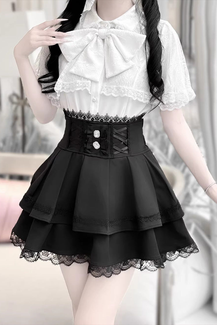 Dark Moon Shadow Double Layered Ruffled Embroidered Lace Up Gothic Lolita Set