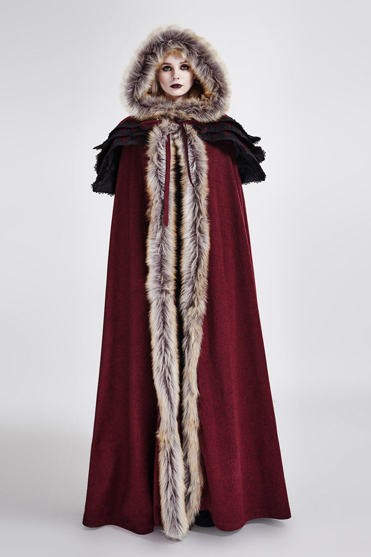 Crimson Hooded Fur-Collar Wool Gothic Cloak Coat