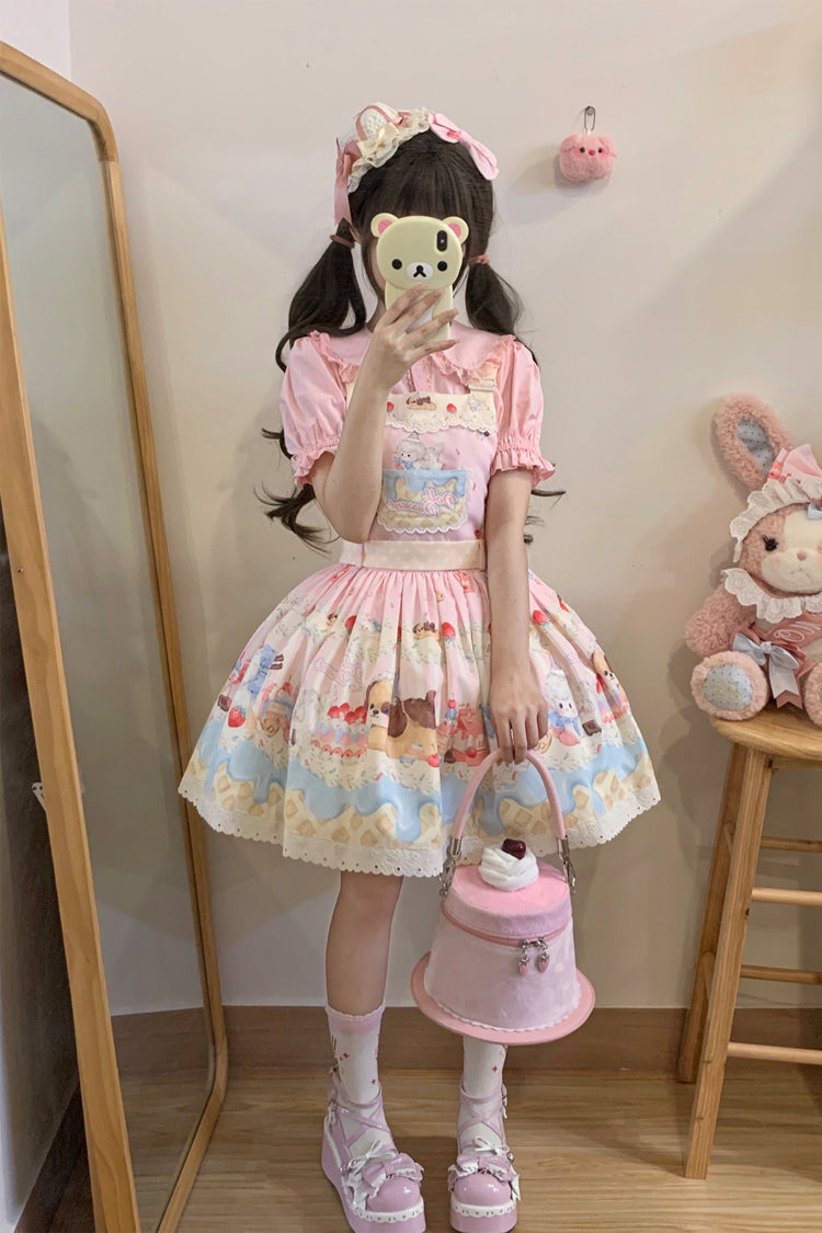 Cream Party Printed Bow Stitching Lace Sweet Lolita JSK Dress