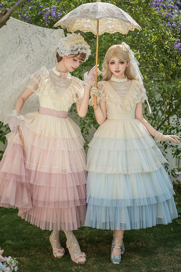 Sweet Lolita Dress with Edwardian Collar and Ombre Ruffles - Blue