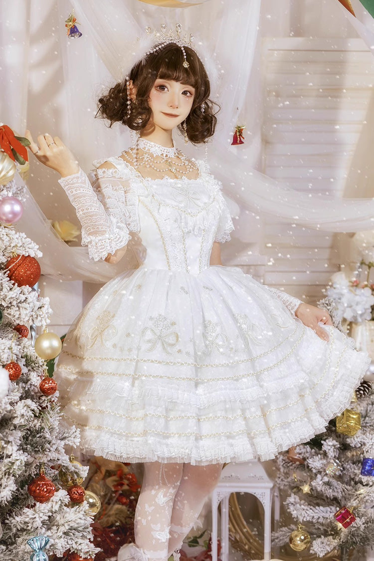 White Multi-Layer Dream Dance Print Embroidered Tulle Sweet Lolita JSK