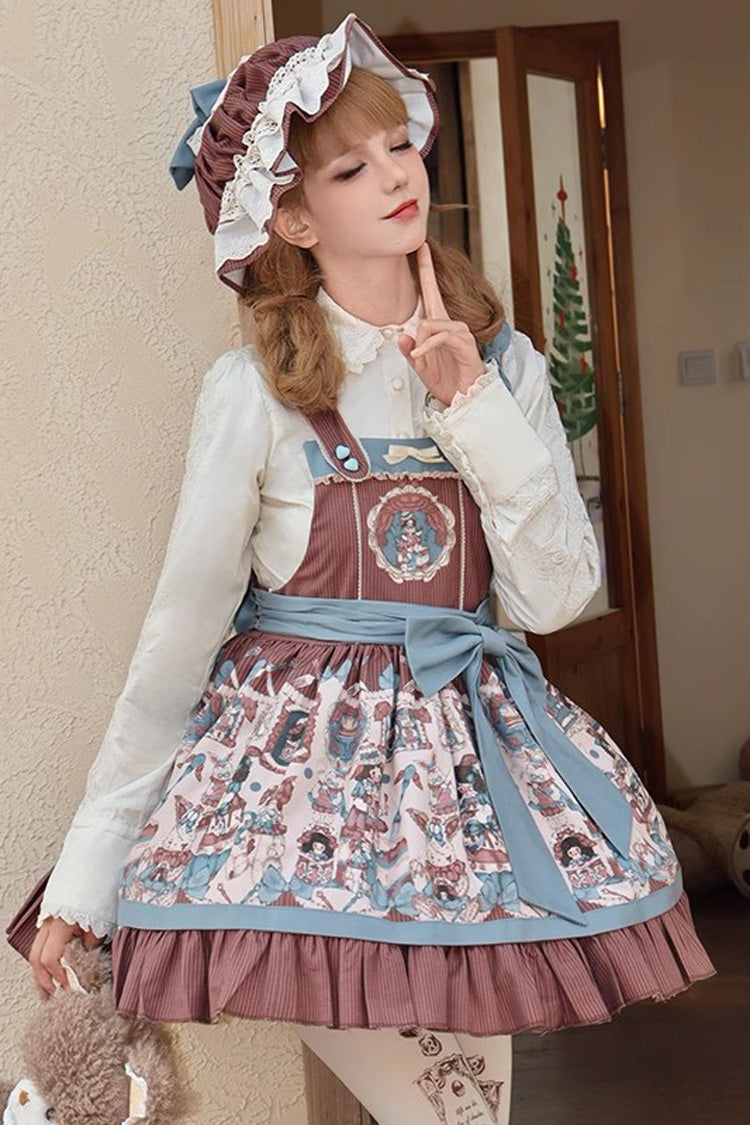 Brown Doll Print Bow Sweet Strap Dress