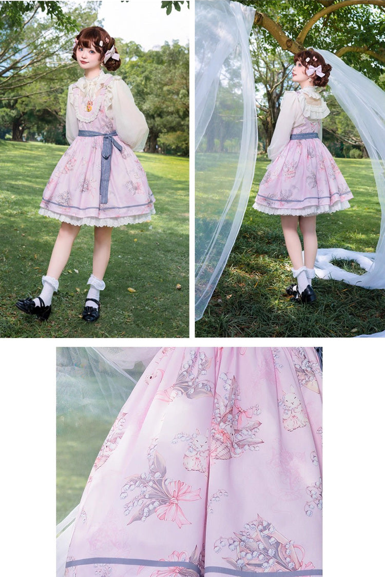 Sleeveless Print Ruffle Daily Sweet Lolita Strap Dress Pink