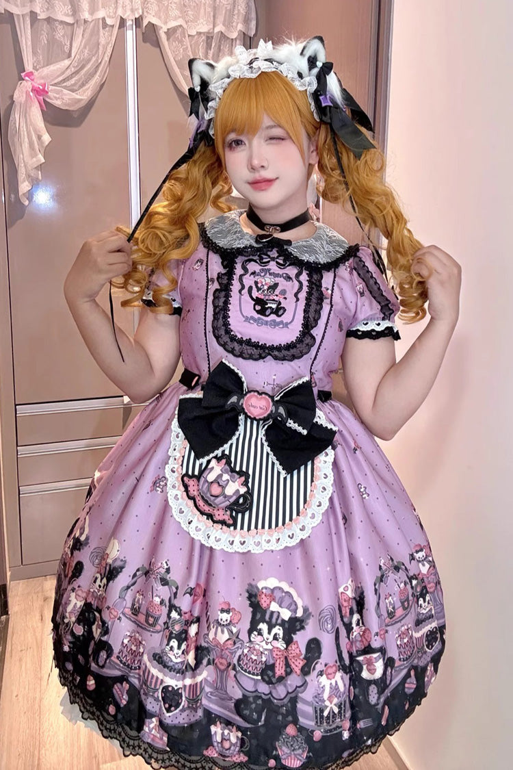 Devil Cat Violet Print Ruffle Bowknot Lace Gothic OP Dress Plus Size - Devil Cat