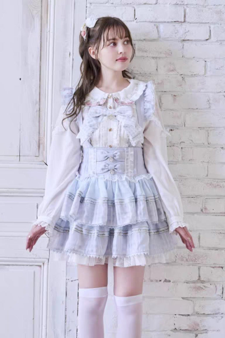 Elegant Double-Tier Ruffle Bow Stitching Lace Plus-Size Strap Dress in Three Hues