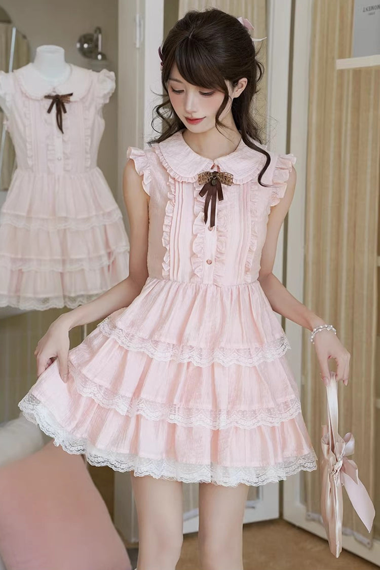 Pink Triple-Ruffle Lace Dress with Bow Accent