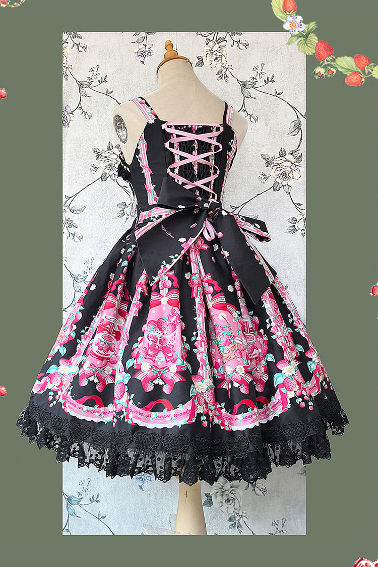 Sleeveless Bowknot Lace Sweet JSK with Print - Strawberry Chef