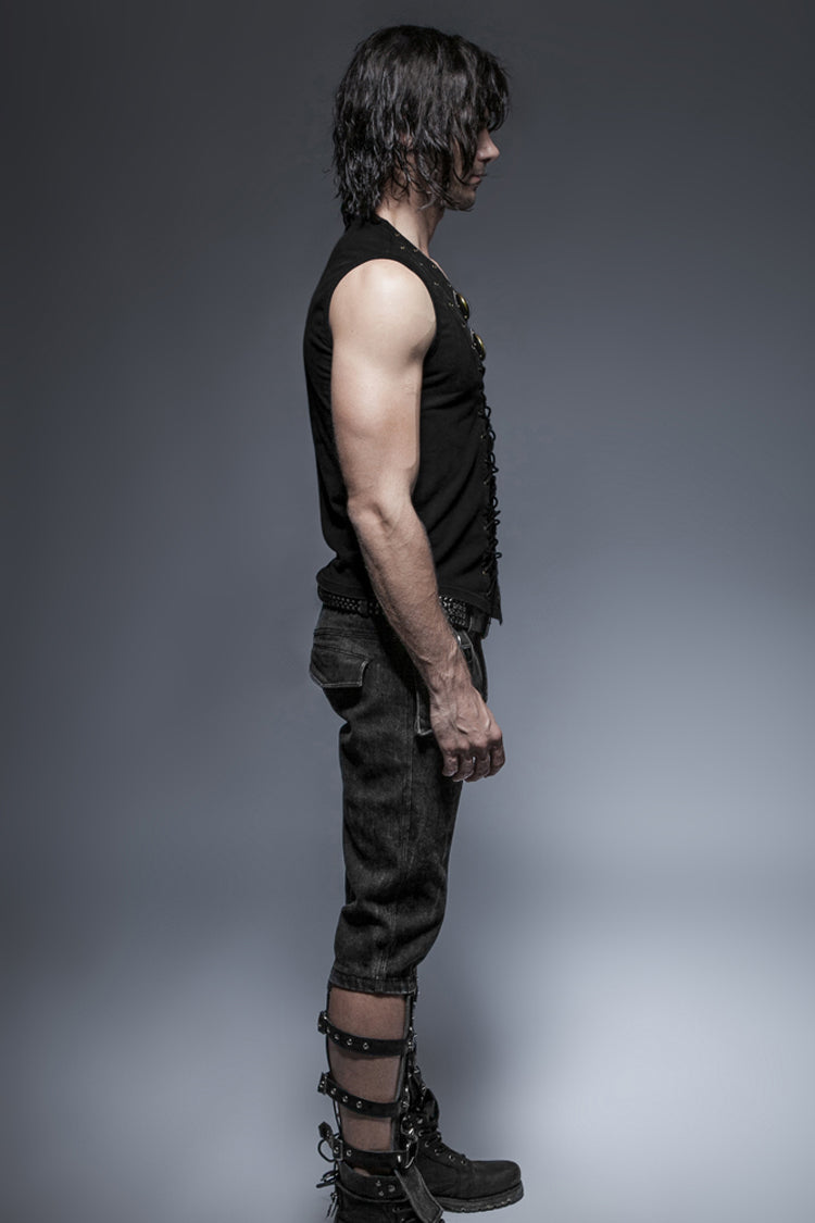 Leather Hasp Metal Ring Punk Vest with Cross Lacing