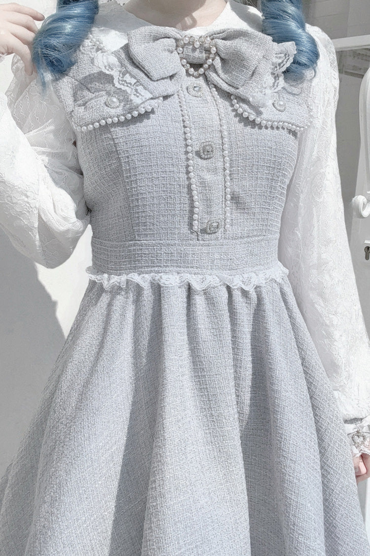 Grey Pearl and Bow Lace-Trimmed Jirai Dress