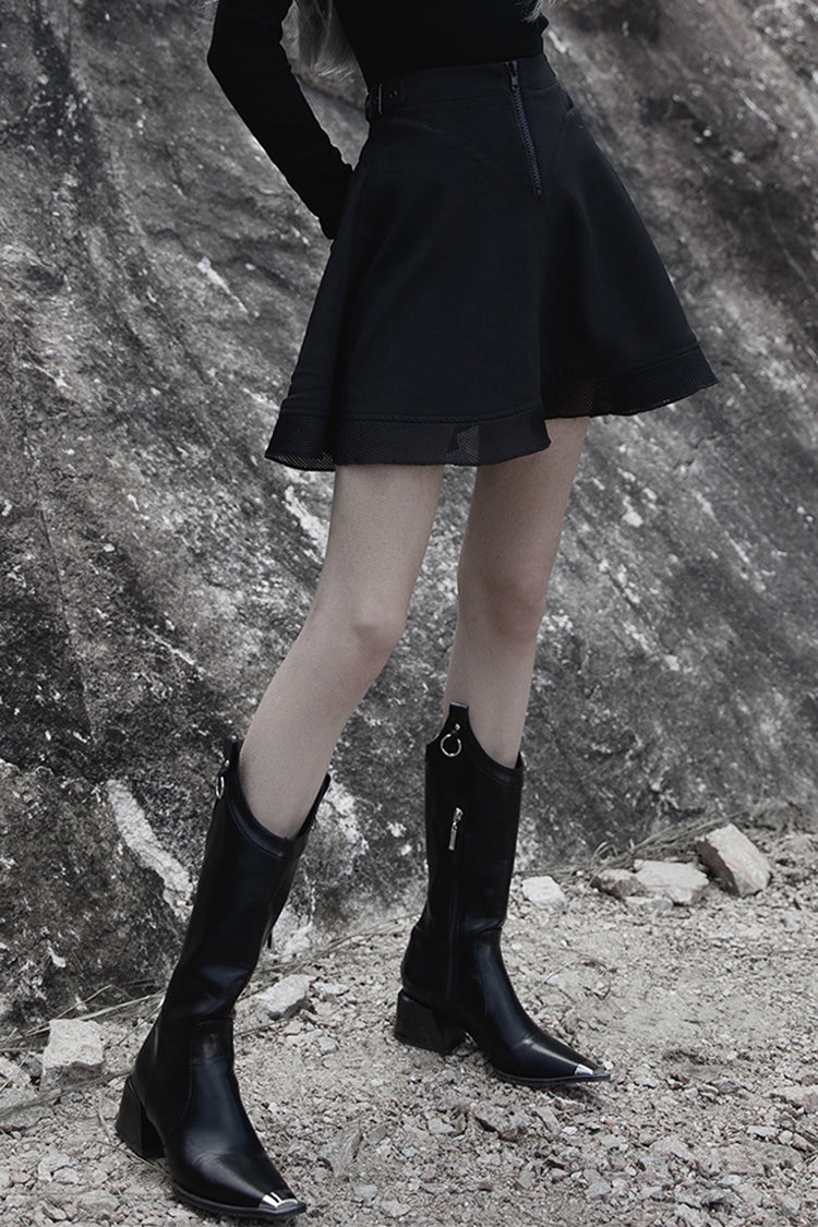 Punk Skirt with Plaid Mesh Stitching V-Shape Sun Hem Design