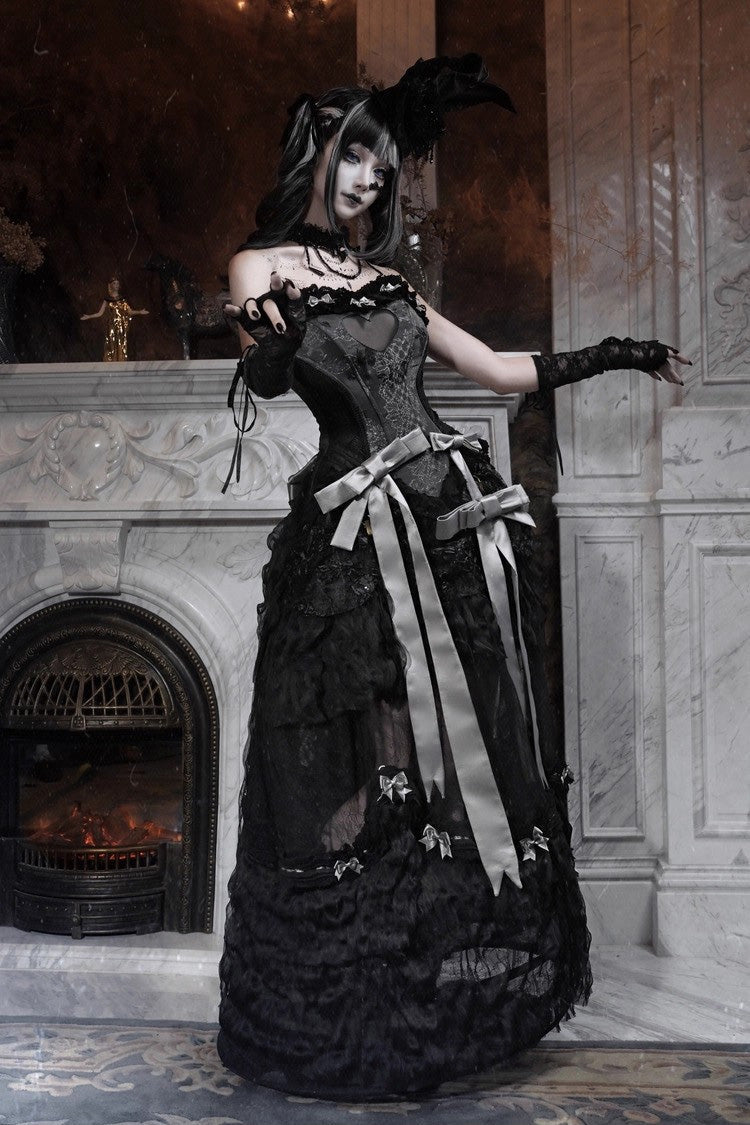 Ebony French Ruffle Embroidered Lace Long Skirt - Cupid’s Magic Box