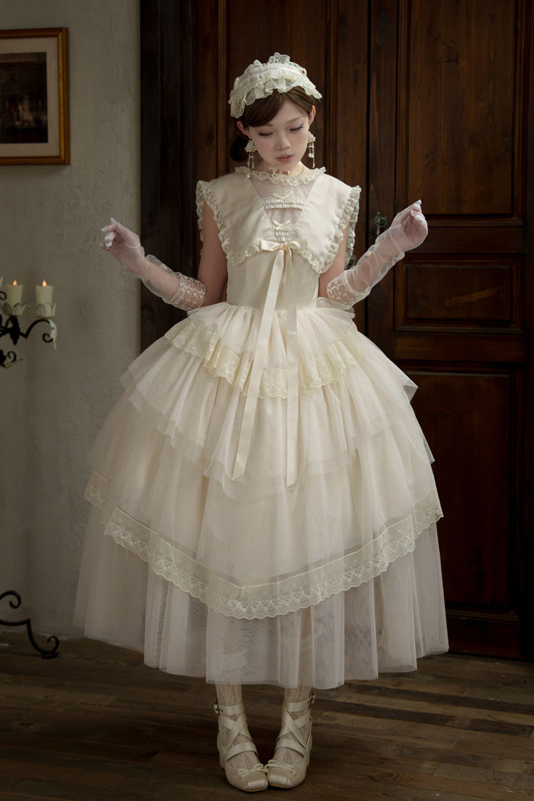 Ivory Elegant Dress with Triple Ruffles and Bow Embellishments - Dream by the Pillow