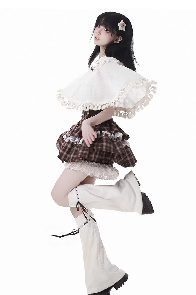 Brown Double-Layer Printed Ruffled Spliced Lace Sweet Skirt - Warm Summer Days