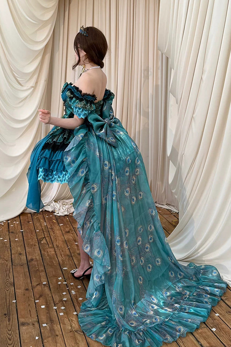 Peacock Sleeveless Ruffled Bow Lace-Up Elegant Lolita JSK - Blue/Green