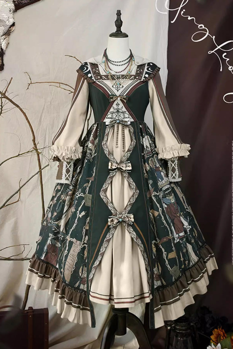 Tarot Print Puff-Sleeved Lolita Dress with Ruffles & Bow