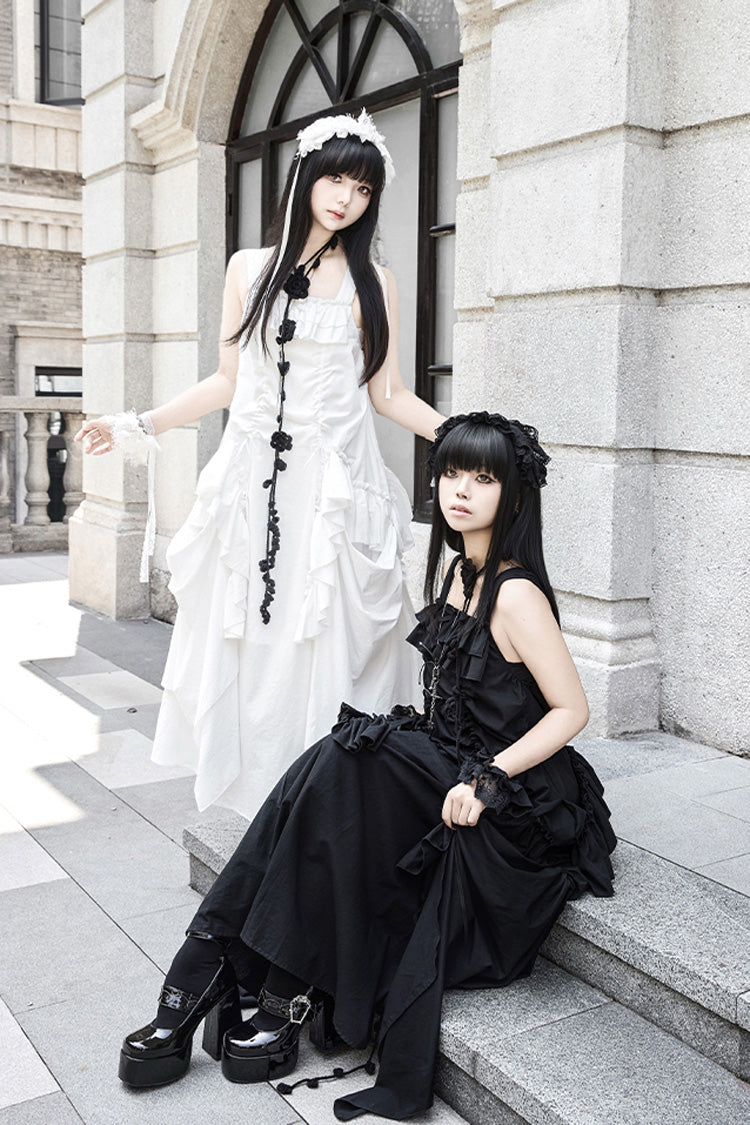 Ivory Gothic Strap Dress with Sleeveless Ruffles - Dream
