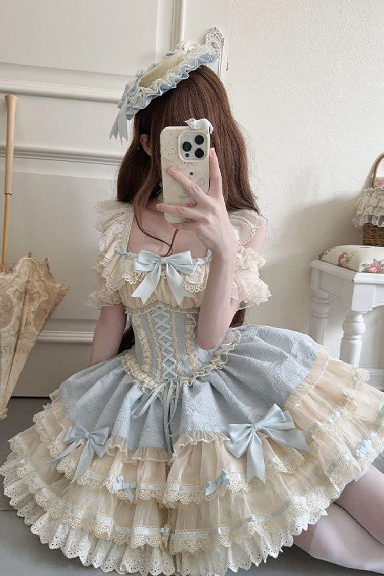 Blue Double-Layered Ruffled Bow Lace-Up Sweet Ballet JSK - Flory Butterfly