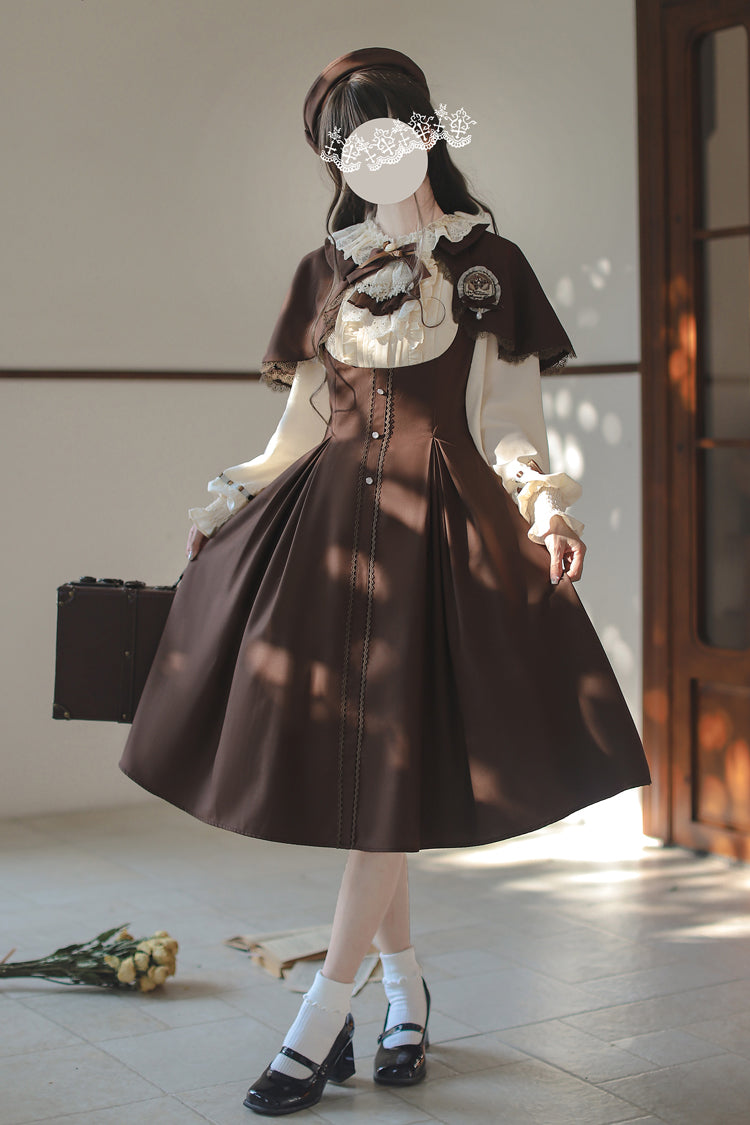 Fake Two Piece Vintage Ruffle Bowknot Lolita Dress Brown White