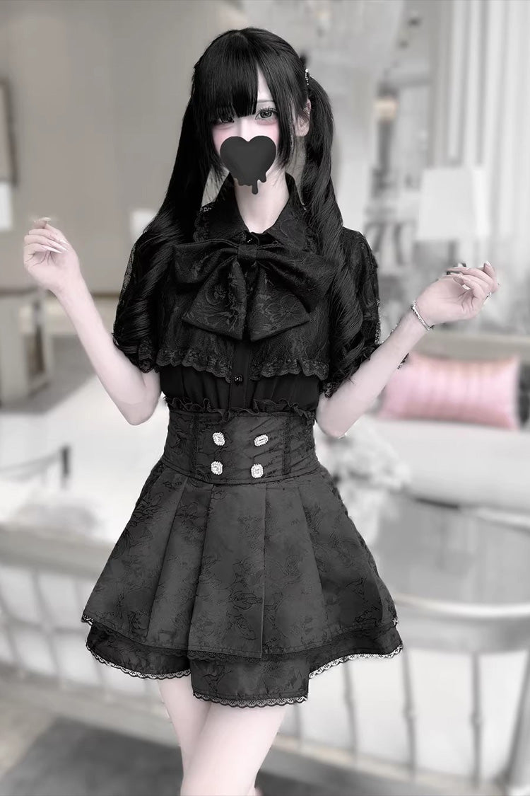 Dark Moon Shadow Double Layered Ruffled Embroidered Lace Up Gothic Lolita Set