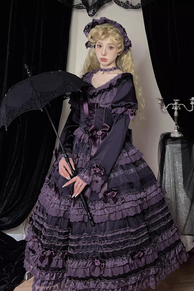Violet Layered Blackcurrant Short Sleeve Ruffled Bow Lace Lolita Dress