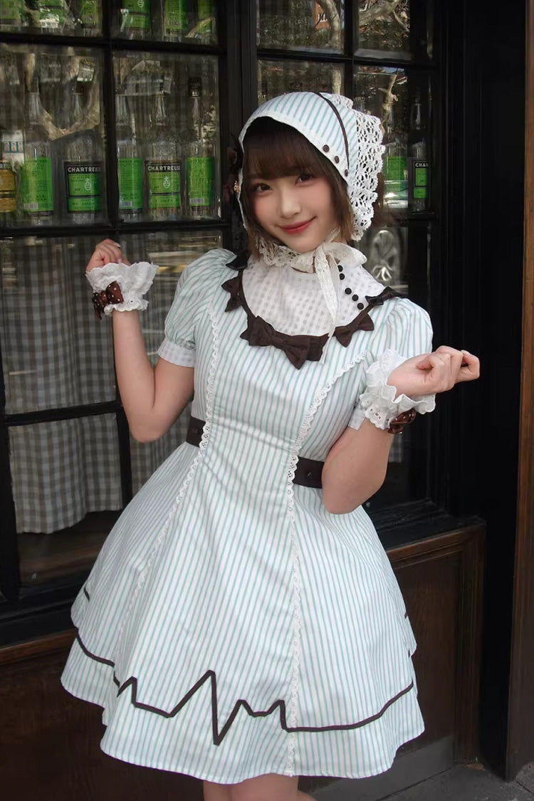 Green Striped Bow Nurse Lolita Stand-Collar