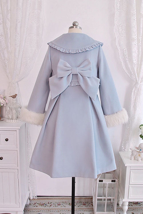 Azure Woolen Coat with Bow - Double Breasted Lolita