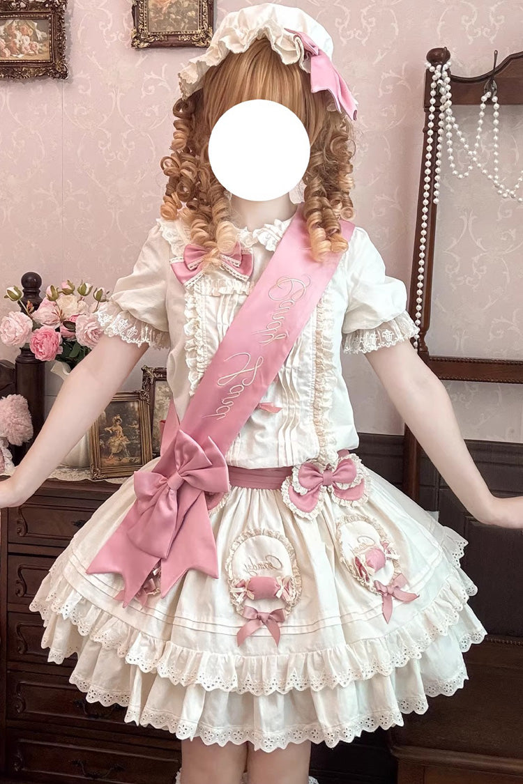 Adorable Apricot Doll Collar Short Sleeve Ruffled Bow Lolita OP Dress