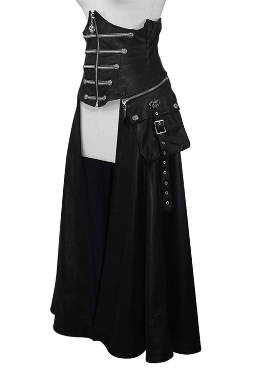 Big Swing Half Skirt in Leather with Chain Ribbons and Zip