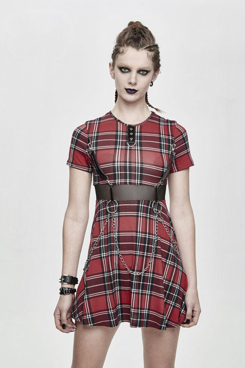 Plaid Mesh Stretchy Mid-Length Scottish Chains Gothic Dress