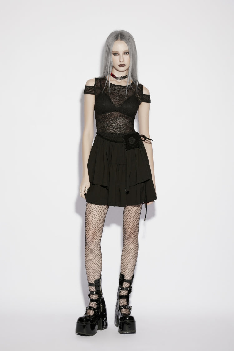 Black Off-Shoulder Multi-Layer Cut-Out Spliced Mesh Eyelet Gothic Dress