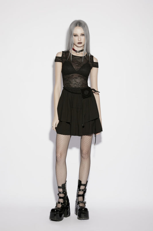 Black Off-Shoulder Multi-Layer Cut-Out Spliced Mesh Eyelet Gothic Dress