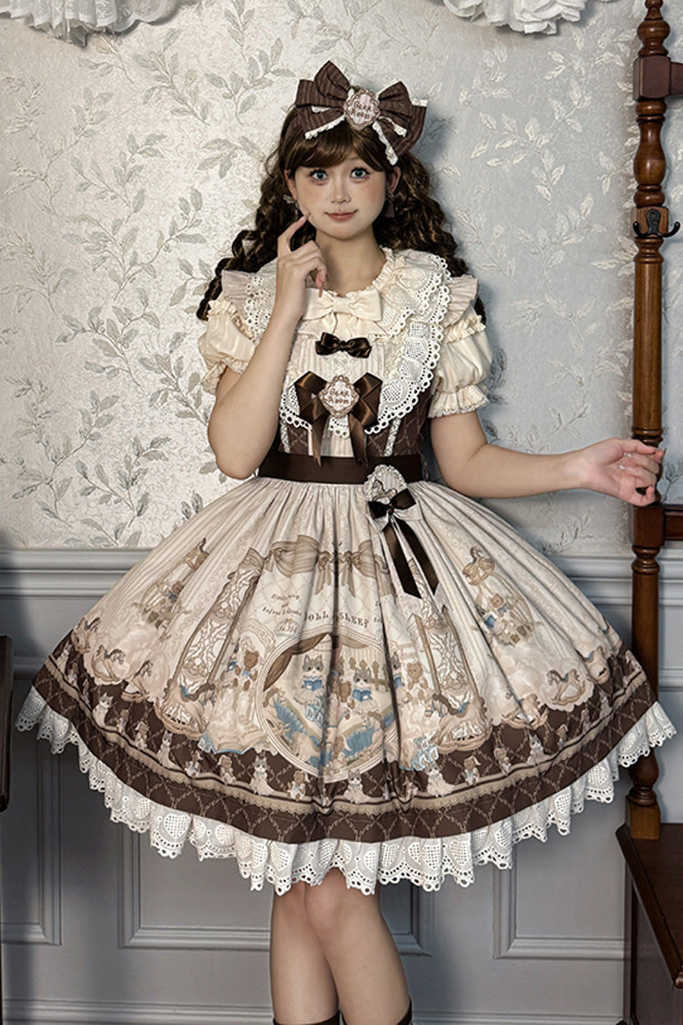 Fairy Tale Sleeveless Ruffle Bow JSK Dress with Print - Two Tones