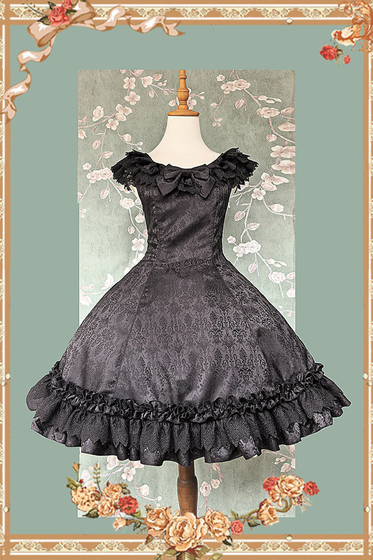 Floral Canon Round Collar Sleeveless Jacquard Printed Ruffled Bow Gothic Lolita Jsk Dress - Black