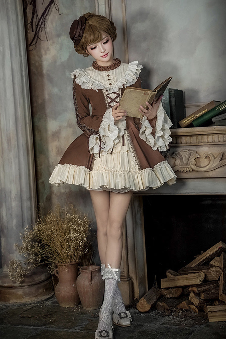 Brown Beige Nutcracker Stand Collar Long Trumpet Sleeves Ruffle Cardigan Lace-Up Sweet Lolita Dress Set