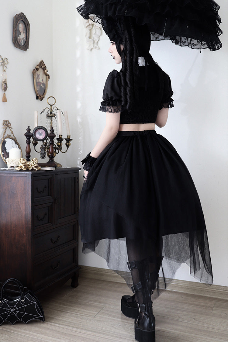 Embroidered Cutout Lolita Dress Set with Short Sleeves in Black