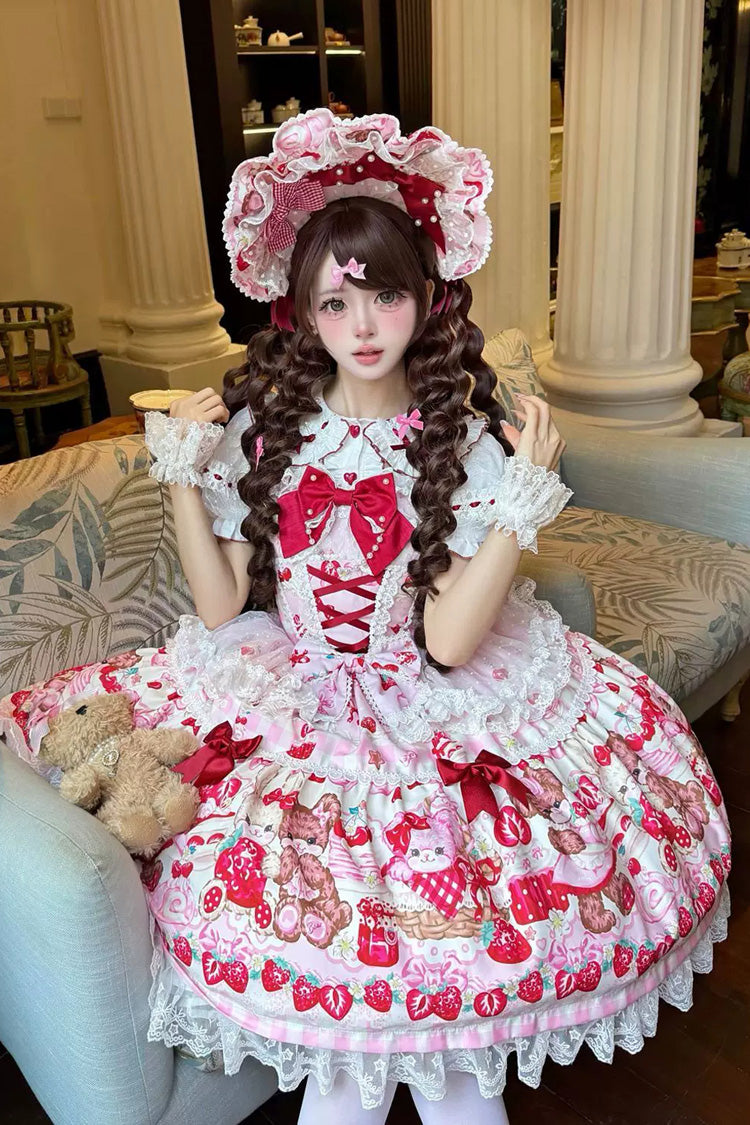 Red/Pink Sweet Lolita JSK Dress Printed Bow Lace Lace-Up - Sweet Berry Bunny Bear