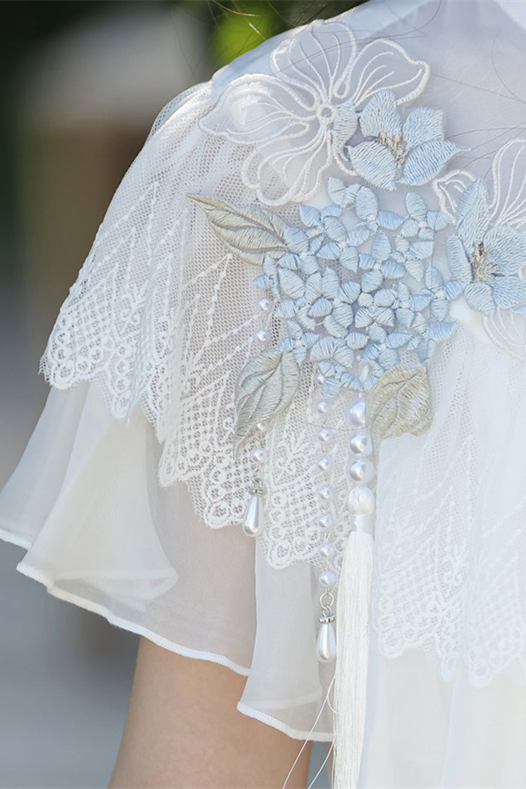 Ivory Print Ruffle Lace Chinese Elegant Dress
