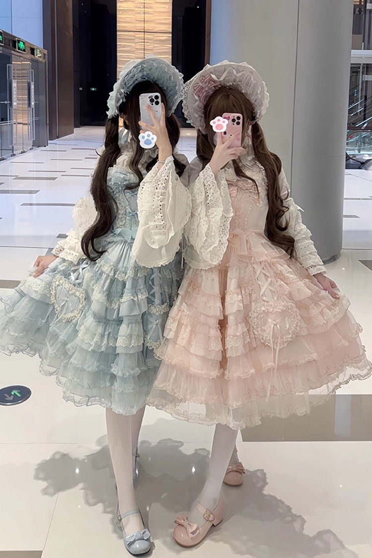 Blue Multi-Layered Ruffled Hanayome Embroidered Bow Lace Sweet JSK - Sweetheart Diary