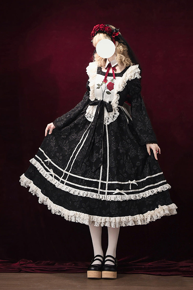 Black Double-Layered Ruffled Embroidered Bow Lace Gothic Nun Dress - Rose Choir
