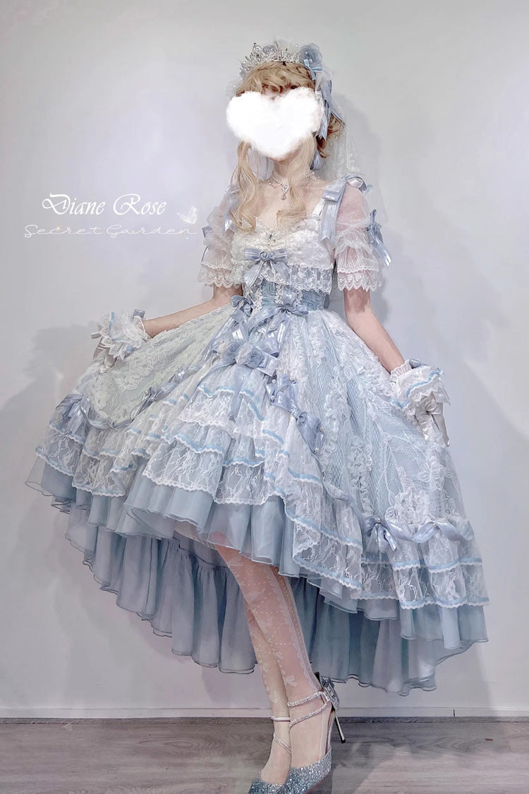 Blue Diane Rose Short Sleeve Jacquard Ruffle Cardigan Bow Lace Sweet Lolita Dress