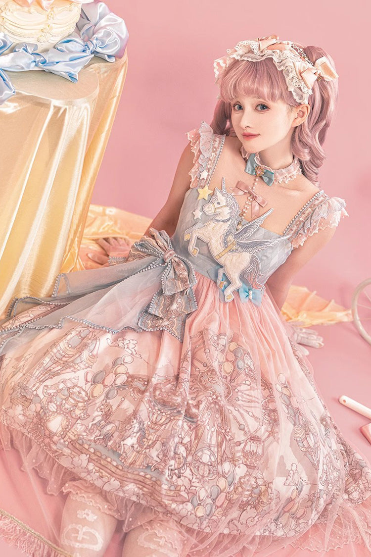 Cloud Paradise Print Ruffle Embroidery Bow Lace Sweet JSK Dress in Pink