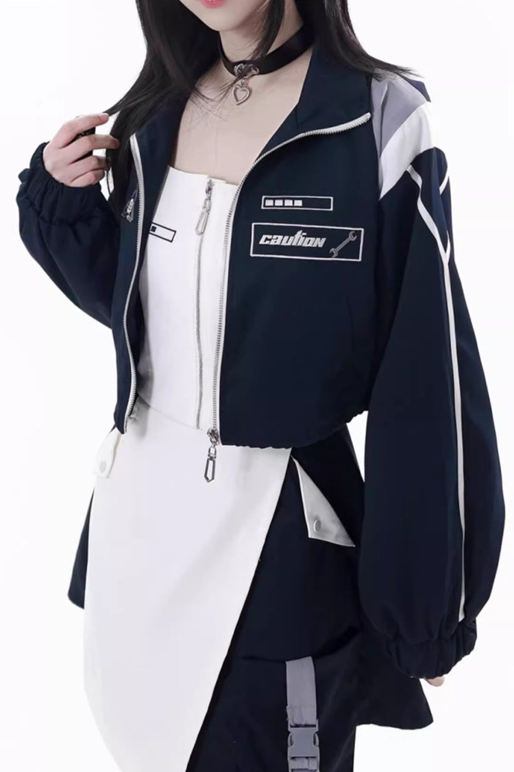 Blue/White Message Overload Techwear Long Sleeves Embroidered Asymmetric Zippered Jirai Kei Dress & Coat Set
