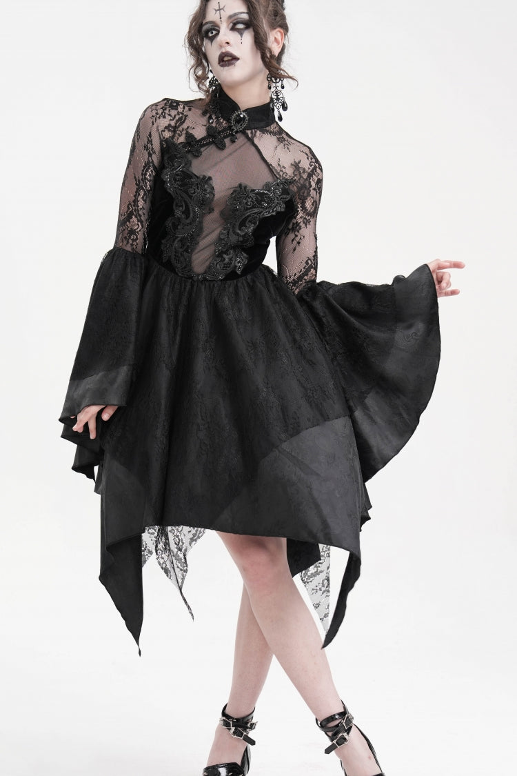Black Long Sleeves Embroidery Lace Up Irregular Mesh Gothic Dress