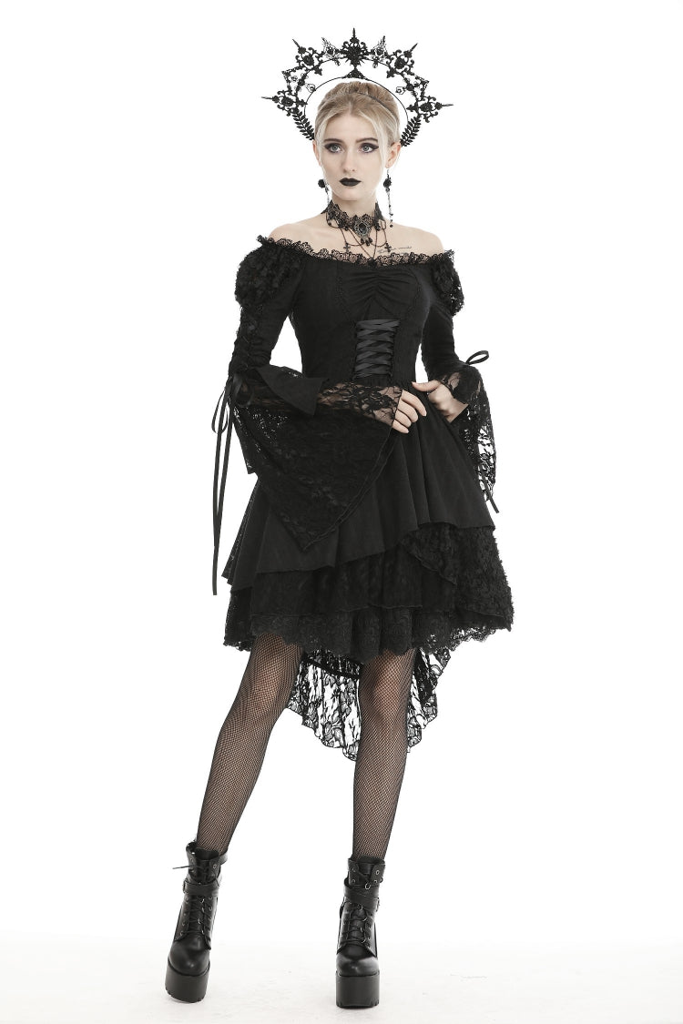 Black Off-Shoulder Trumpet Puff Sleeve Lace-Up Mesh Gothic Cocktail Dress