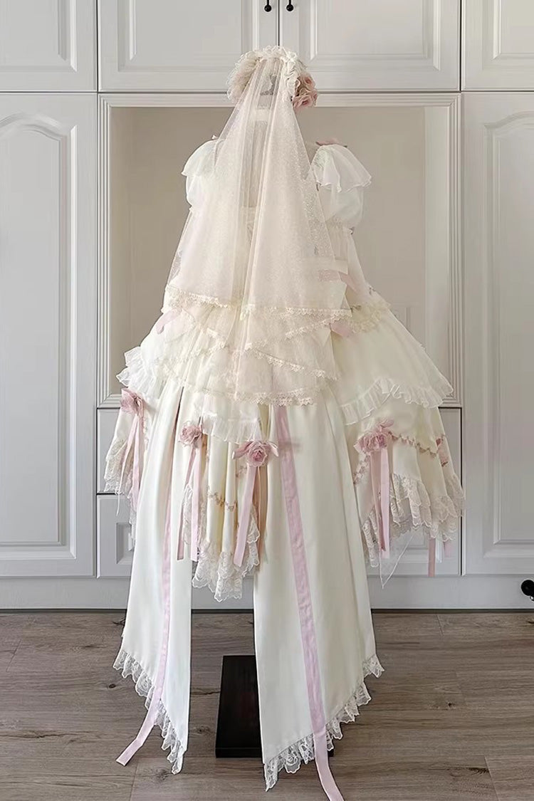 Ivory Mist and Tulle Square Collar Multi-Ruffle Bridal Bow Lace Princess Gown
