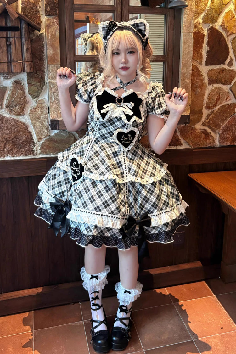 Sweet Lolita OP Dress with Plaid Print and Ruffle Bow Knot