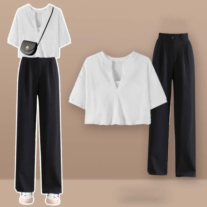 Fake Two Pieces Crop Top T-Shirt Casual Pants Set - F / M