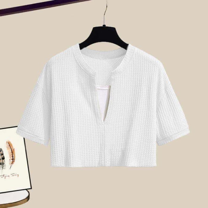 Fake Two Pieces Crop Top T-Shirt Split Denim Skirt - White